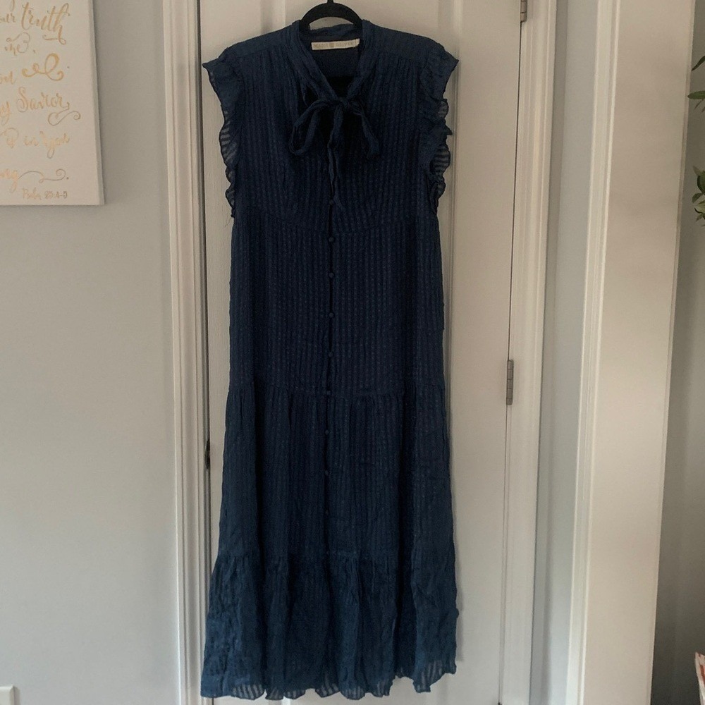 Marie Oliver Kylee Dress, Ocean ruffle silk blend Size S maxi solid blue tie - Picture 9 of 16